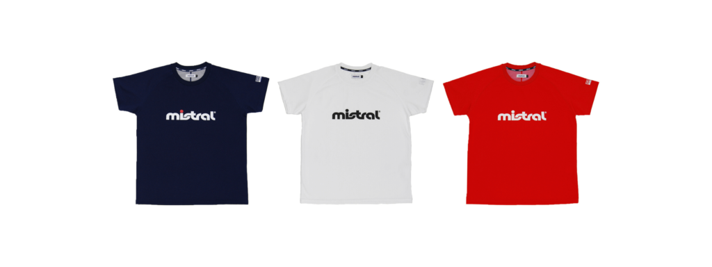 ウォータースポーツブランドミストラルの男女兼用ユニセックスハイドロフォビックドライTシャツ（半袖）、ネイビー、ホワイト、レッド、フロントロゴ「mistral」